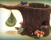 TreeHouse Sculpture - Needle Felted Gnome Home / Fairy House - Waldorf Play Tree Stump
