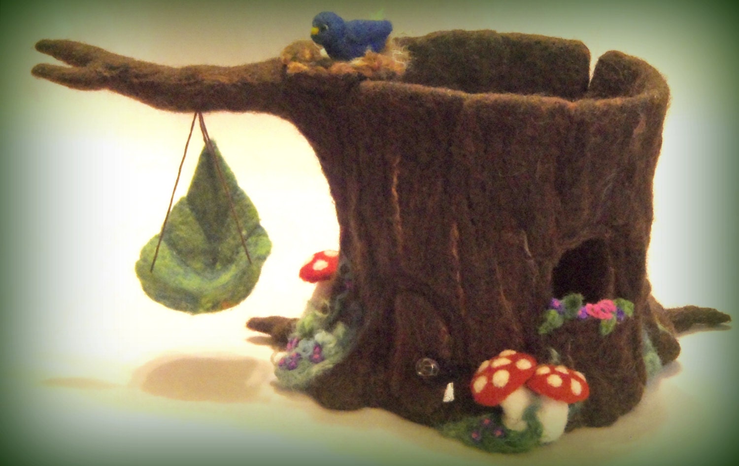 TreeHouse Sculpture - Needle Felted Gnome Home / Fairy House - Waldorf Play Tree Stump