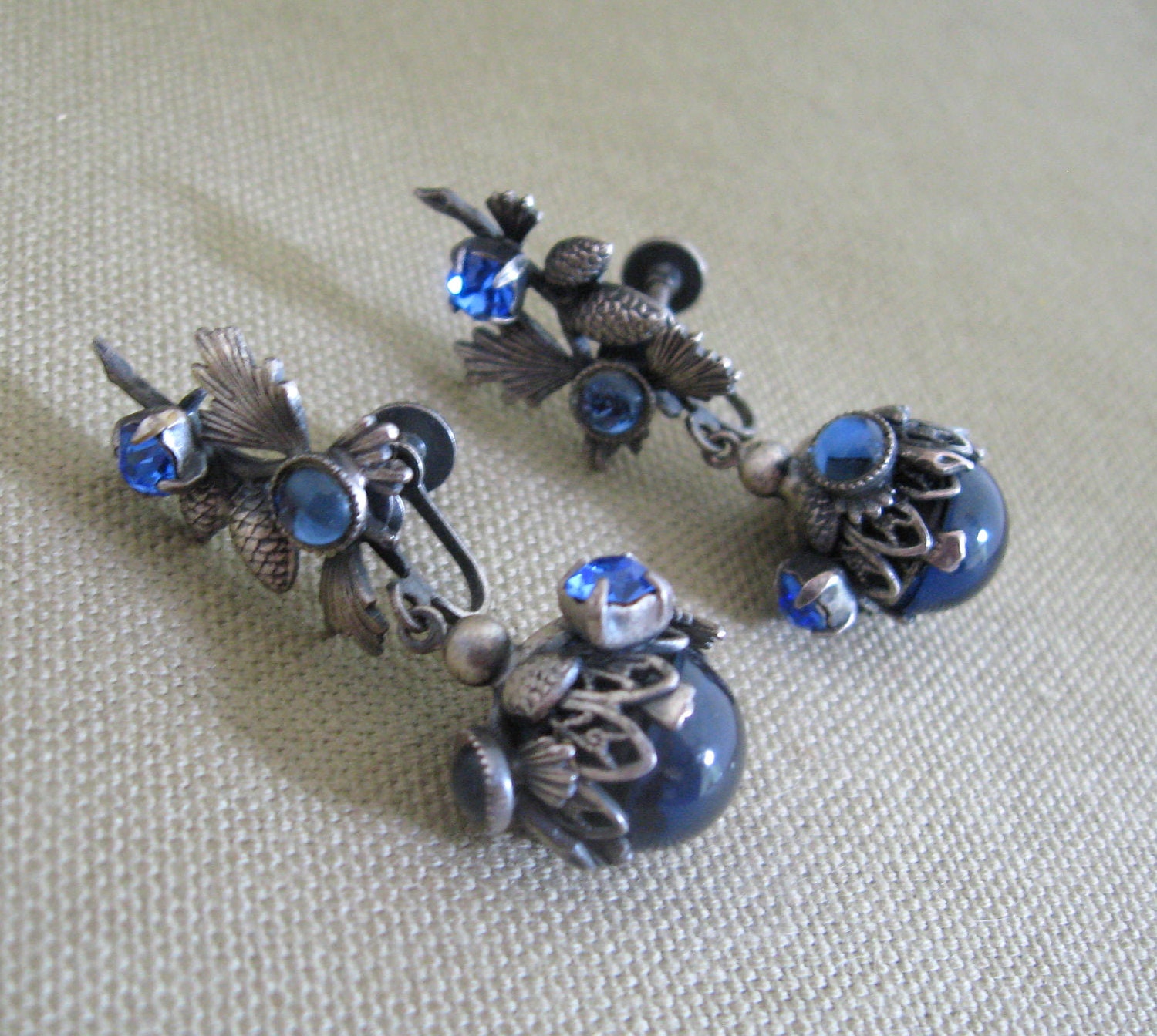 Cobalt Blue Crystal Ball Long Dangle Fantasy Earrings