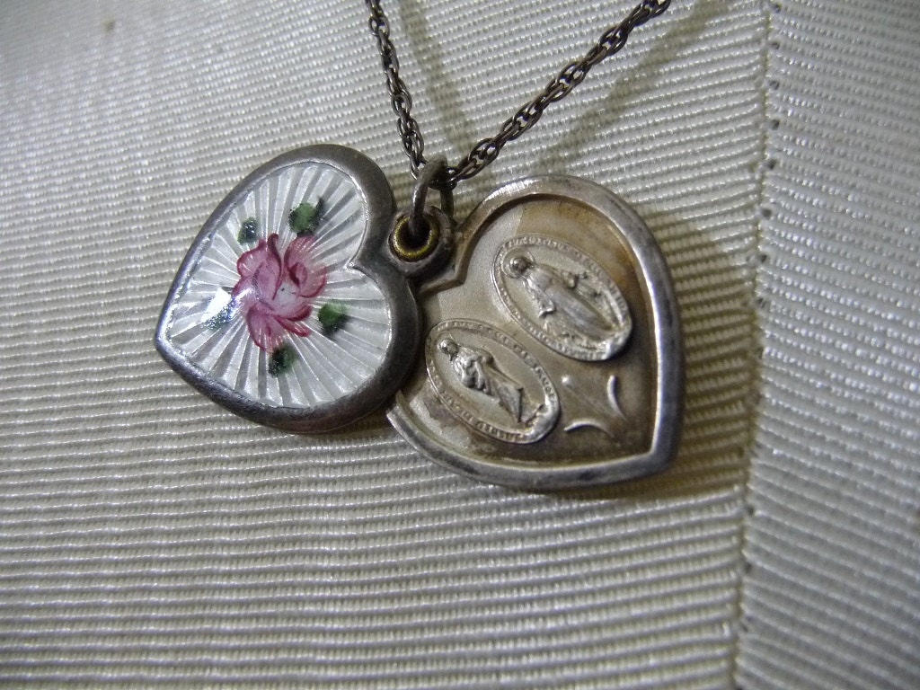 Virgin Mary Locket Necklace Sterling Silver Religious 925 Guilloche Enamel