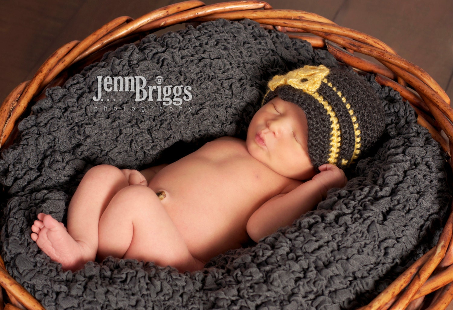 Crochet Baby Girl Hat with Brim - Grey & Yellow Little Bee Newsboy Style