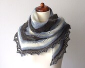 knit scarf grey blue white triangle warm and cozy