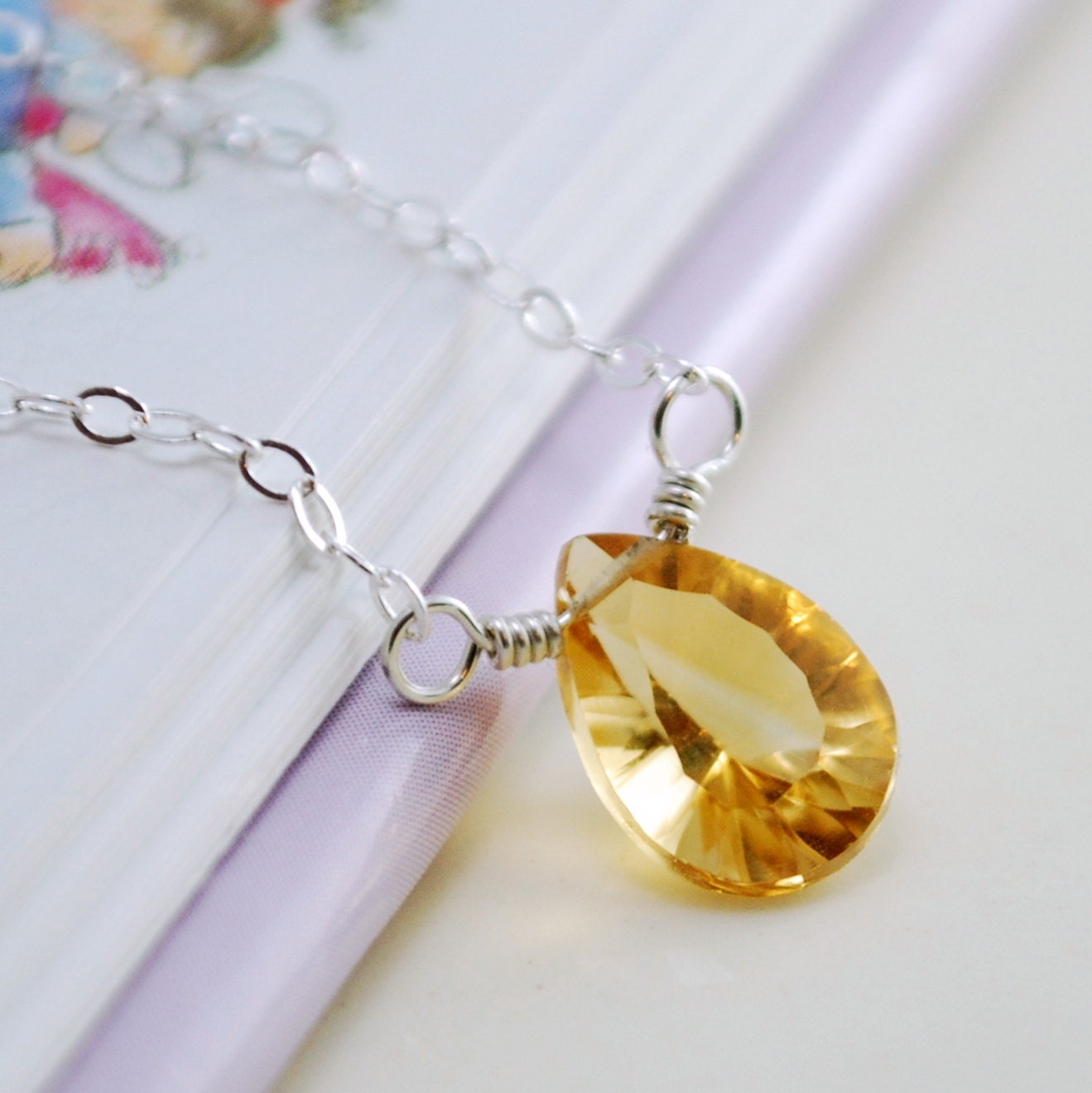 November Birthday Citrine Necklace Child Sterling Silver Concave Cut Birthstone Jewelry