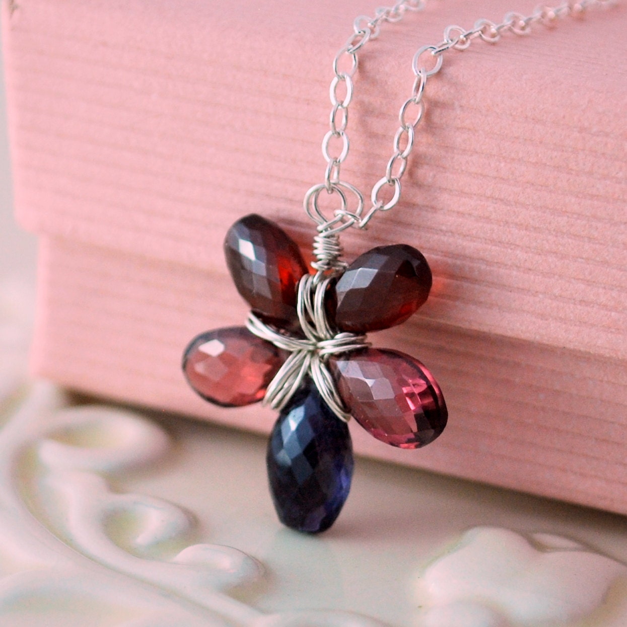 Gemstone Necklace Garnet Rhodolite Iolite AAA Semiprecious Red Raspberry Navy Wire Wrapped Sterling Silver Jewelry Complimentary Shipping