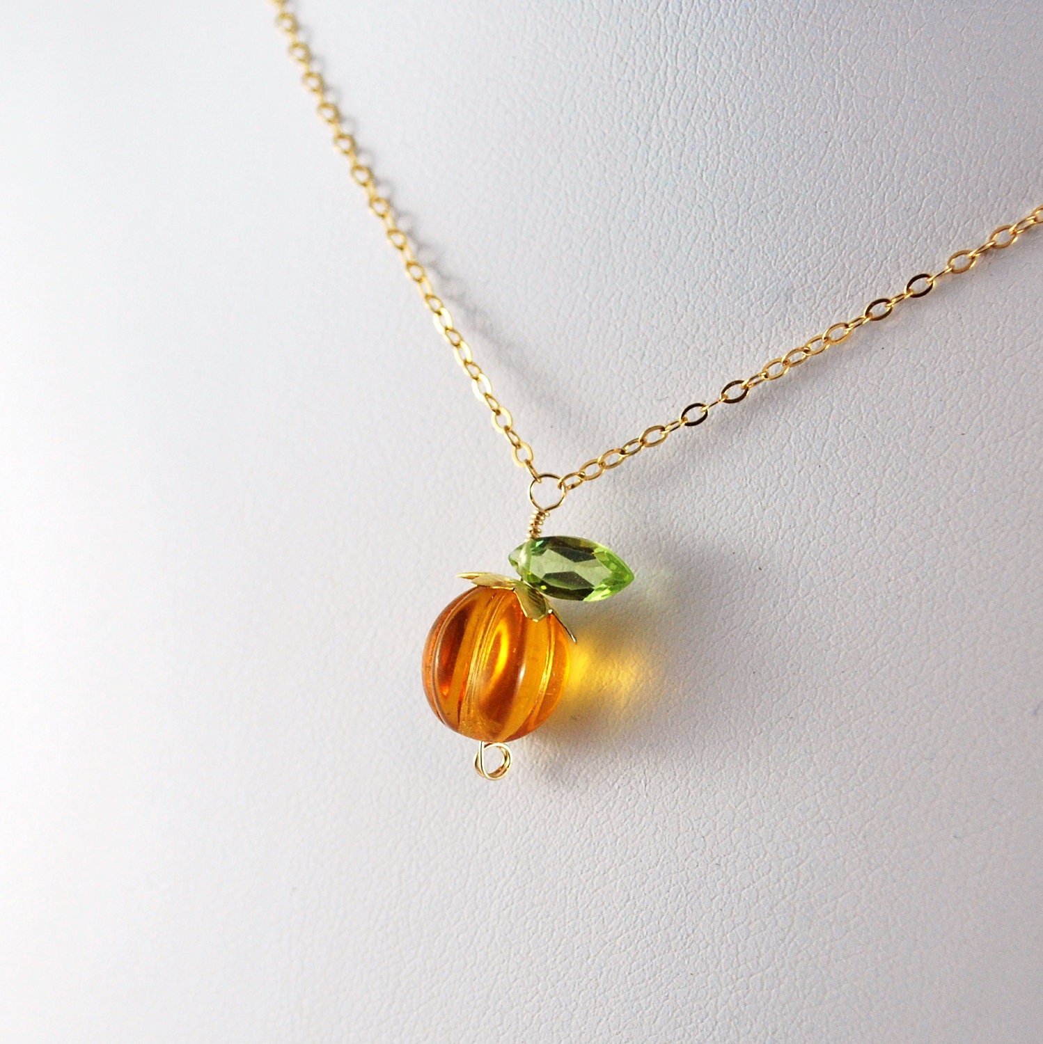 Reserved Cute Pumpkin Necklace Orange Glass Genuine Peridot Gold Hallowe'en Thanksgiving Fall Autumn Jewelry Complimentary Shipping