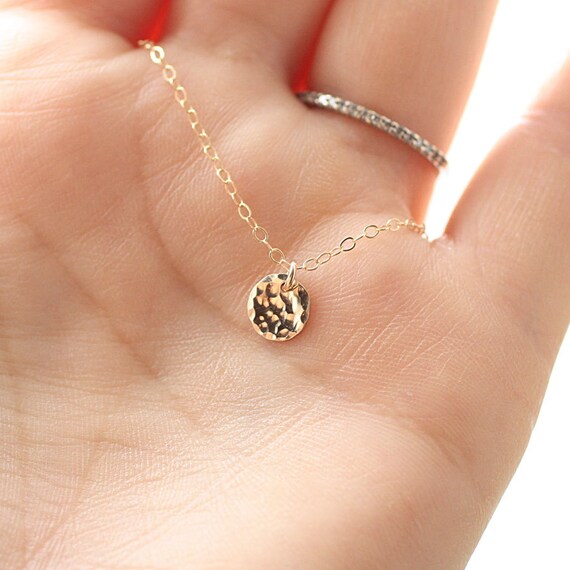 Tiny Disc Necklace - Hammered Gold Filled Circle Charm - Minimal Everyday Simple Layering Necklace - 14k Gold FIlled, Dainty