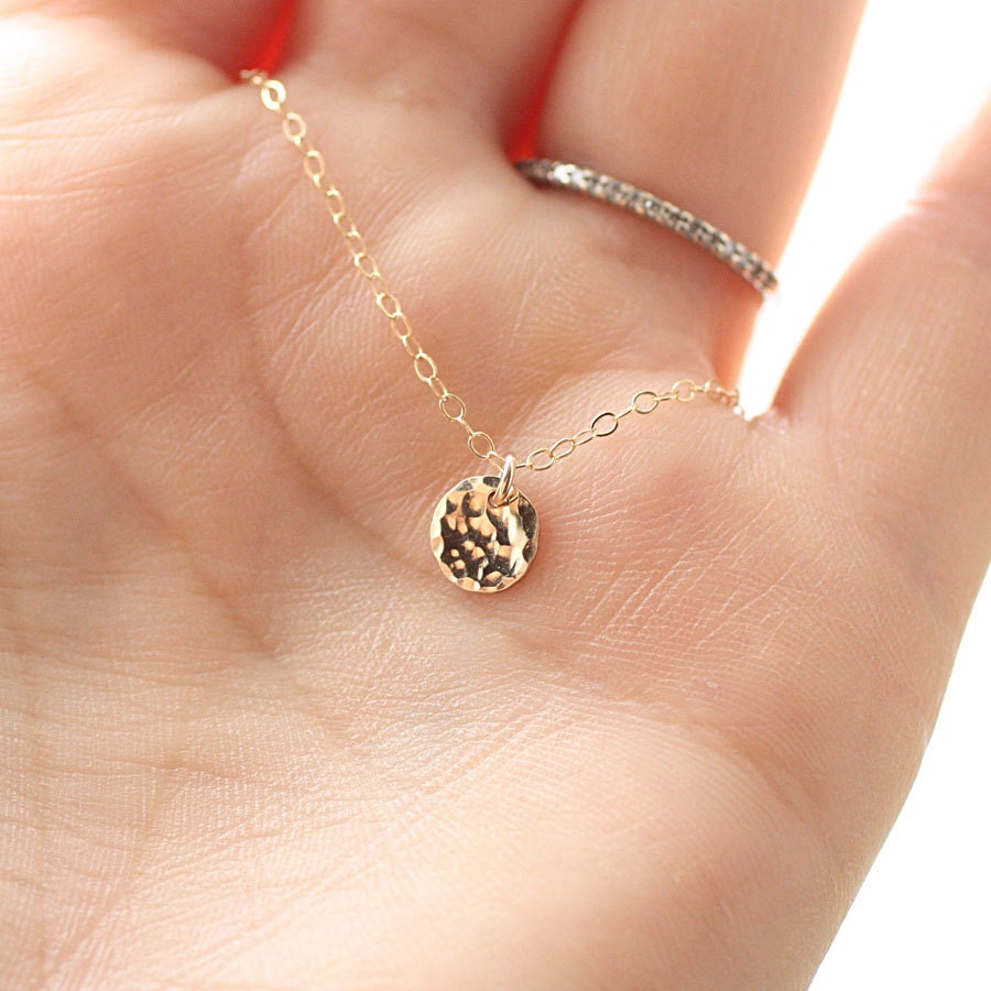 Tiny Disc Necklace - Hammered Gold Filled Circle Charm - Minimal Everyday Simple Layering Necklace - 14k Gold FIlled, Dainty