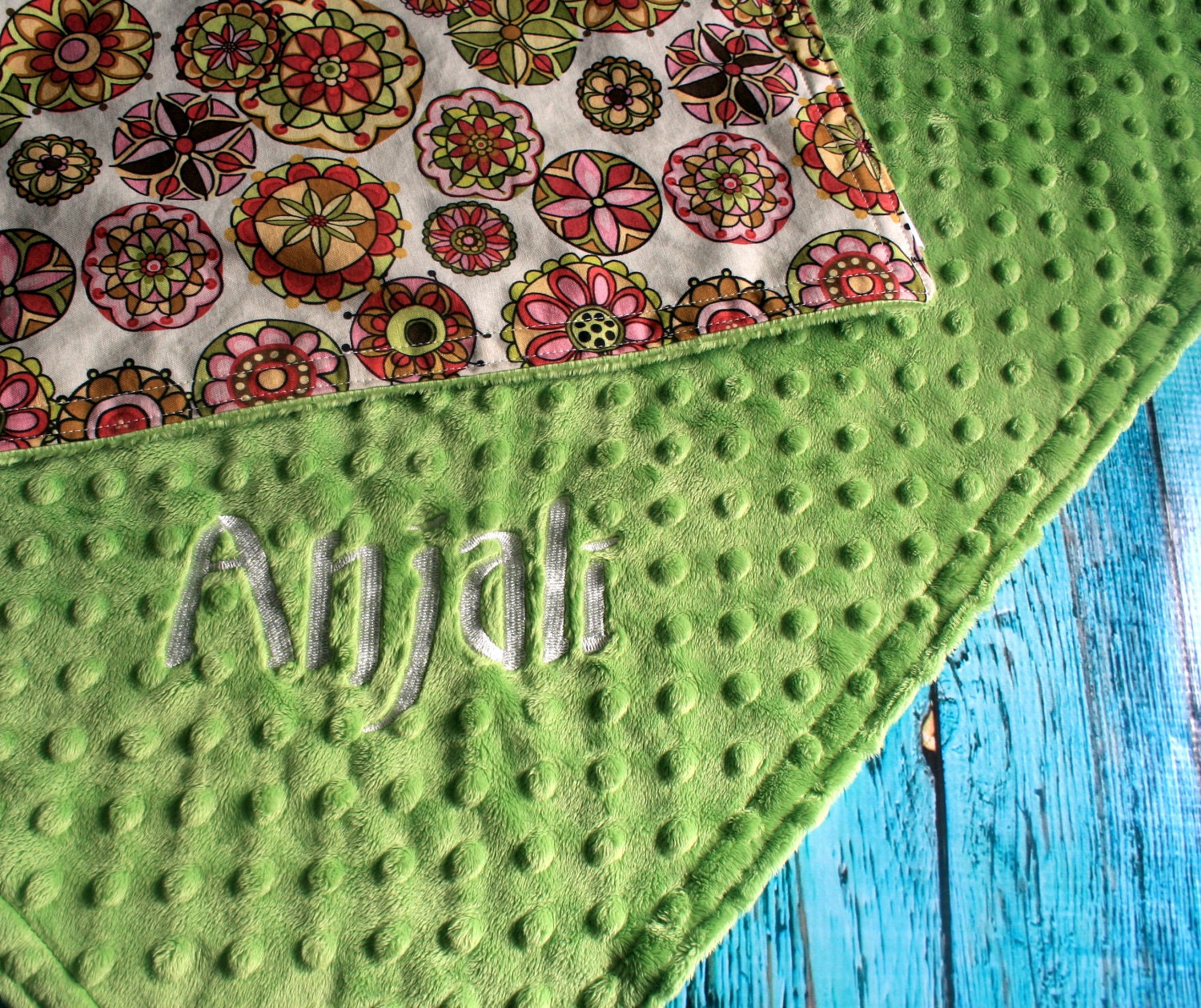 Personalized Minky Baby Blanket - Fiona's Floral  and Jade Green Minky