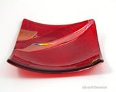 Fused Glass Dish - Crimson and Orange with Dichroic Accents - Mini Sushi Dish, Trinket Dish, Candle Dish, Ring Dish - AlteredElementsGlass