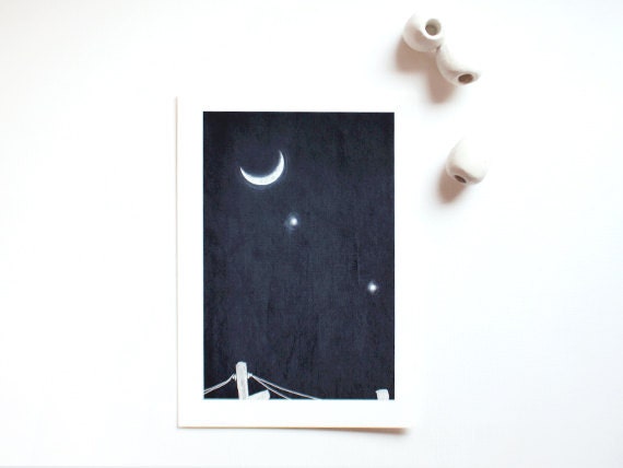 Celestial Spring Sky, 5x7 illustrated art print, Venus Jupiter conjunction moon in the night sky, space, astral, stars, planets, blue, navy