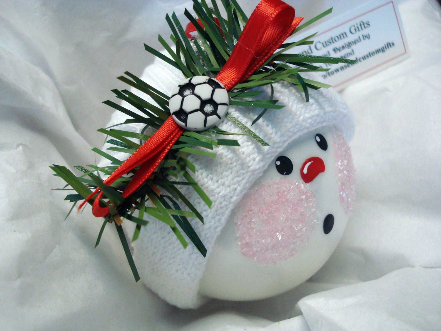 Soccer Snowman Ornament Christmas Tree Bulb Hand Painted Glass Snowball face Themed with a soccer ball Personalized