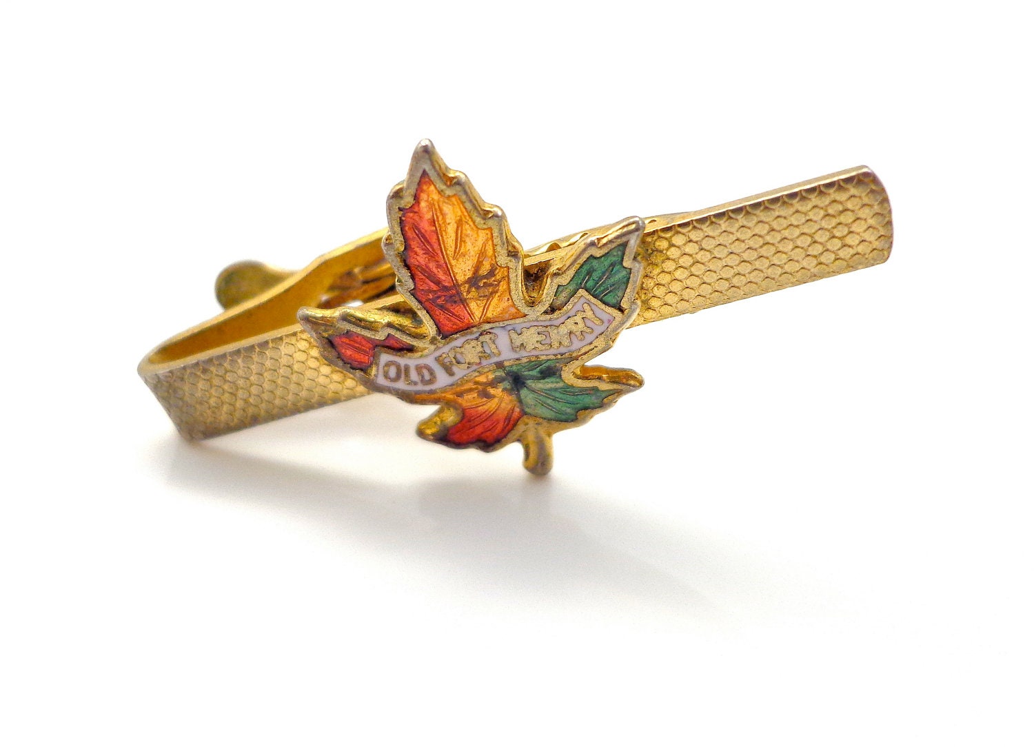 Vintage Gold Tone Tie Clip Old Fort Henry Maple Leaf Red Yellow Green 1930s