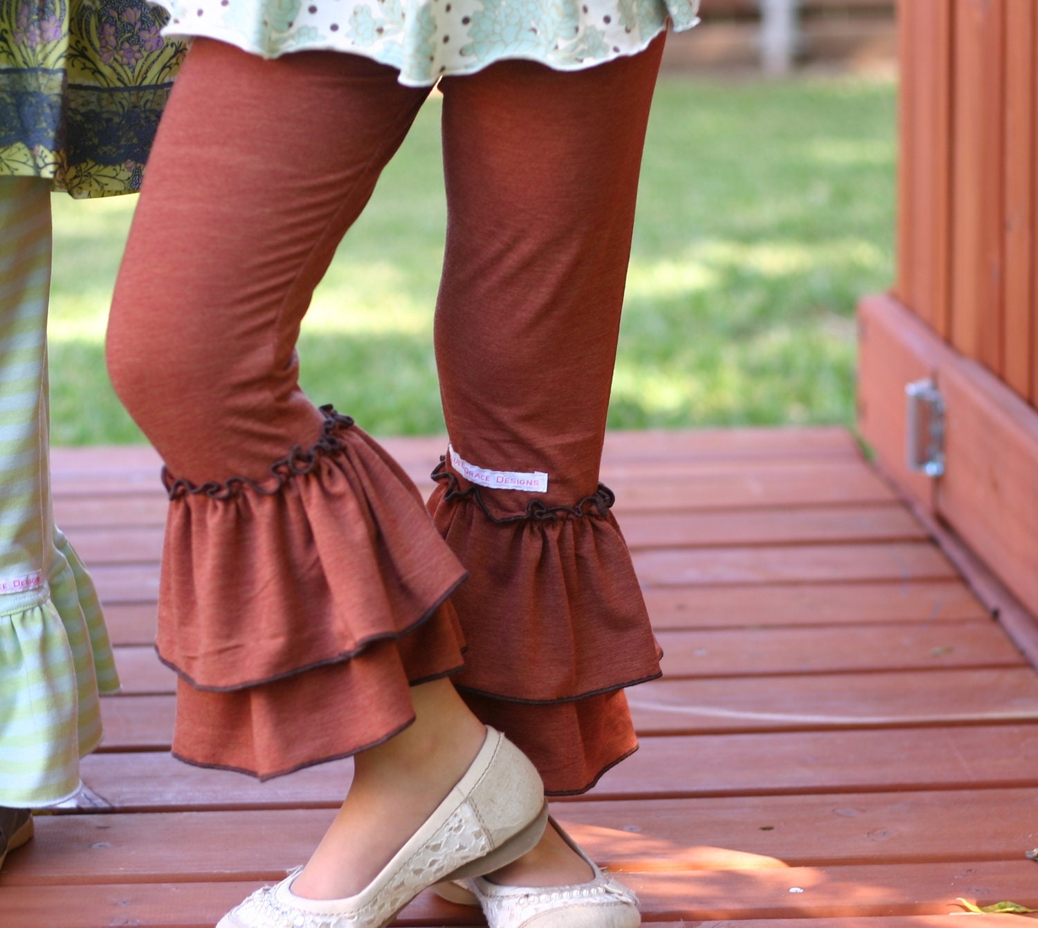 dark orange brown rust knit leggings with double ruffles sizes 12m - 8 girls