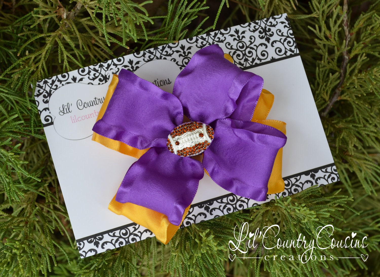 LSU Purple and Gold Double Layered FOOTBALL Hair Bow Clip - For that LSU Tiger Fan