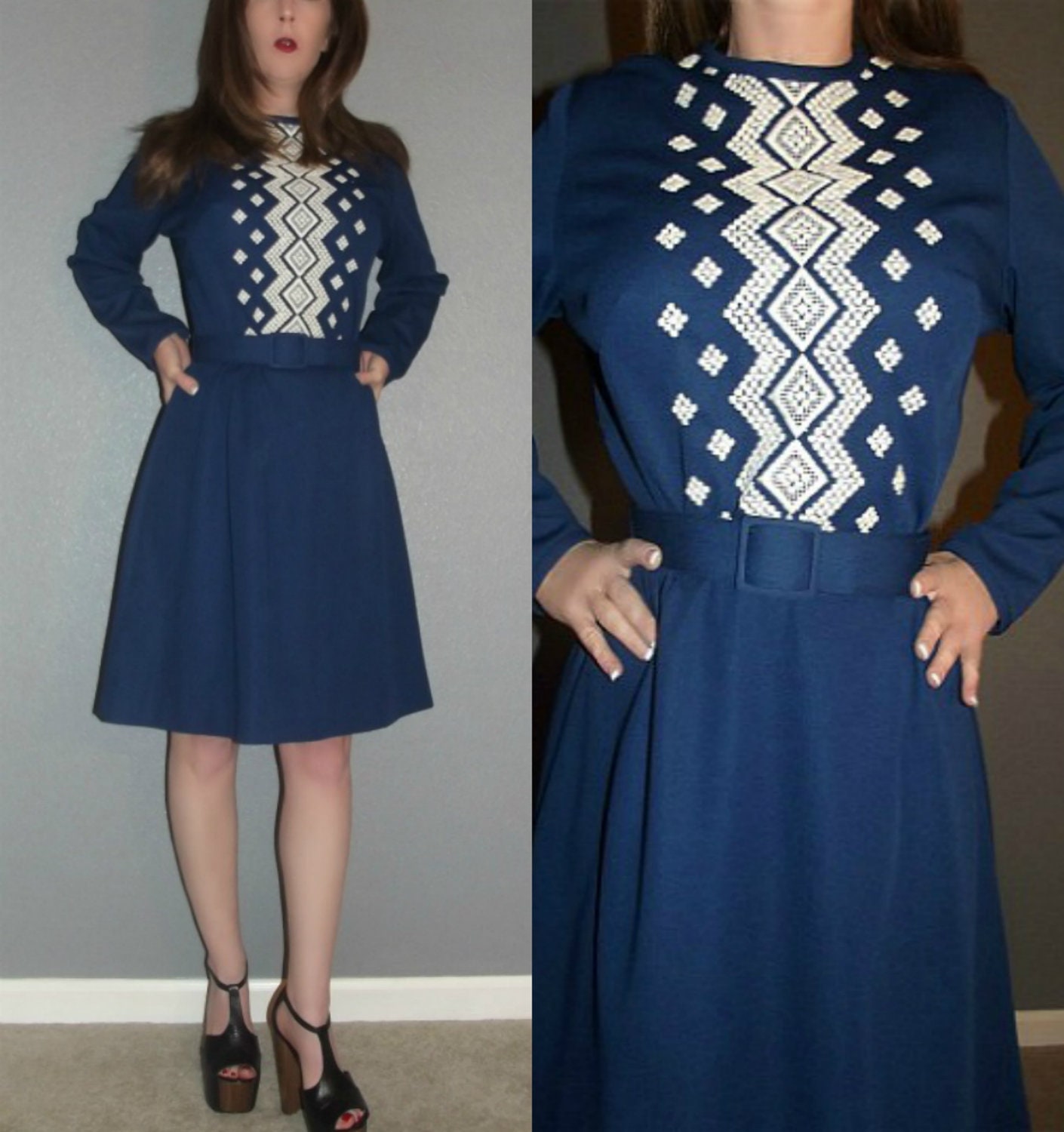 Mod ML Vtg 60s Navy Soutache Long Sleeve Ribbon Space Age Knit Scooter Twiggy Mini Dress
