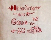 VINTAGE Embroidered PILLOW Cover -Large Redwork Linen Case, Redwork Sentiment, Bird, FARMHOUSE Decor - misswillies