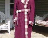 Lovely Vintage Men's Burgundy Wool Robe with Plaid Trim and Pockets-for shorter guy