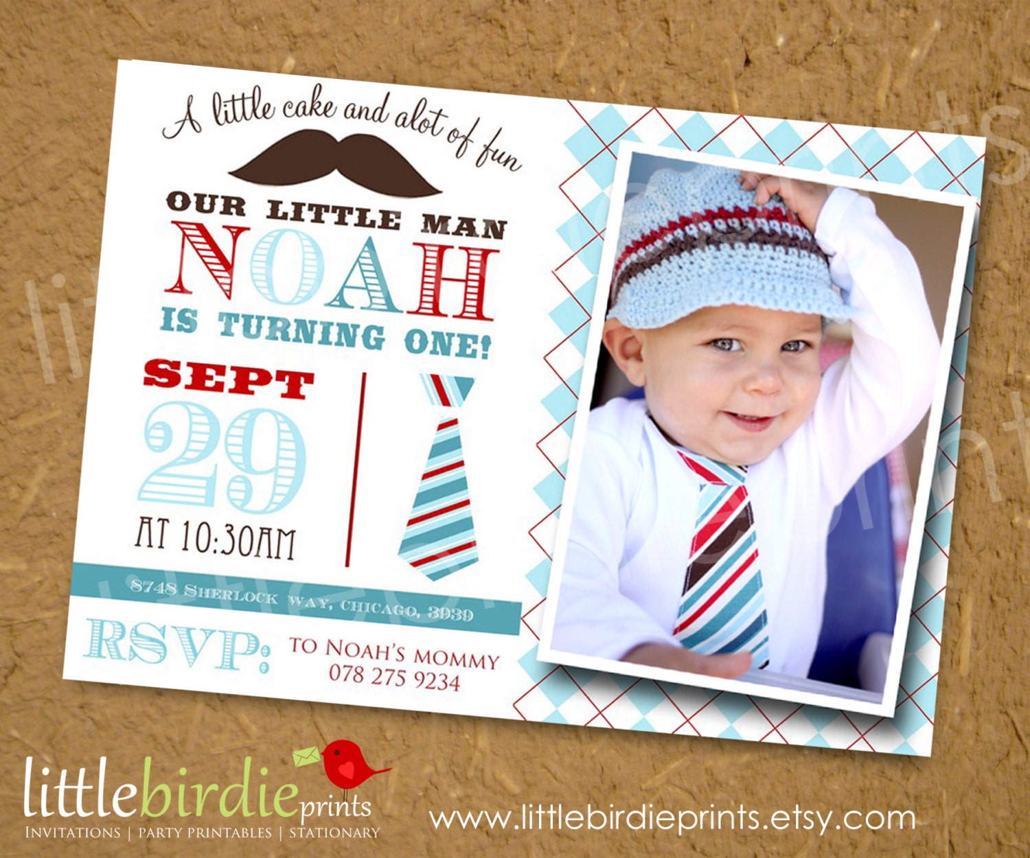 LITTLE MAN Mustache Bash Tie  Invitation for your little mister or baby shower or birthday
