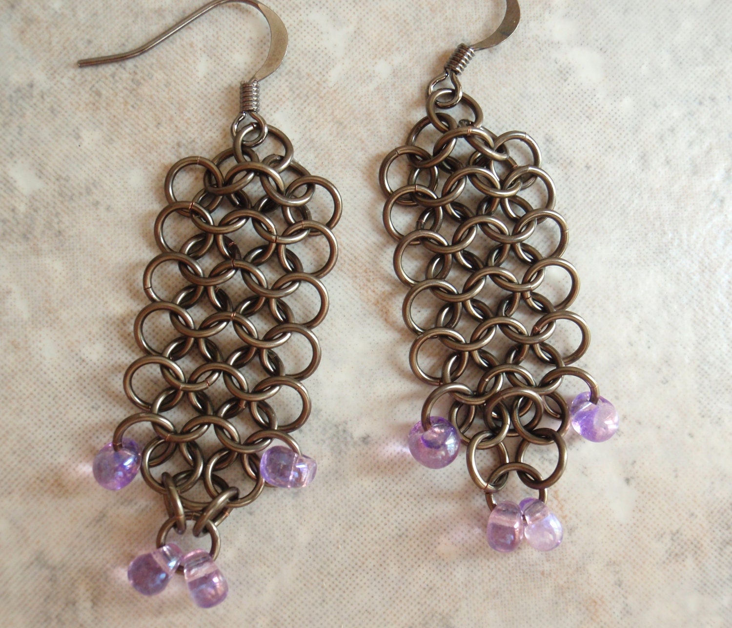 Chain Maille Earrings Euro 4 in 1 Dangle Gunmetal Purple Beads