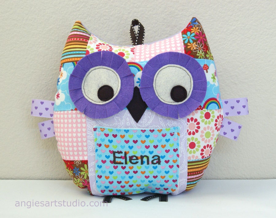 Personalized Medium Patchwork Owl Pillow Plush Stuffed Toy with Front Pocket Great Gift for Baby Girl or Toddler  - Lavender Love