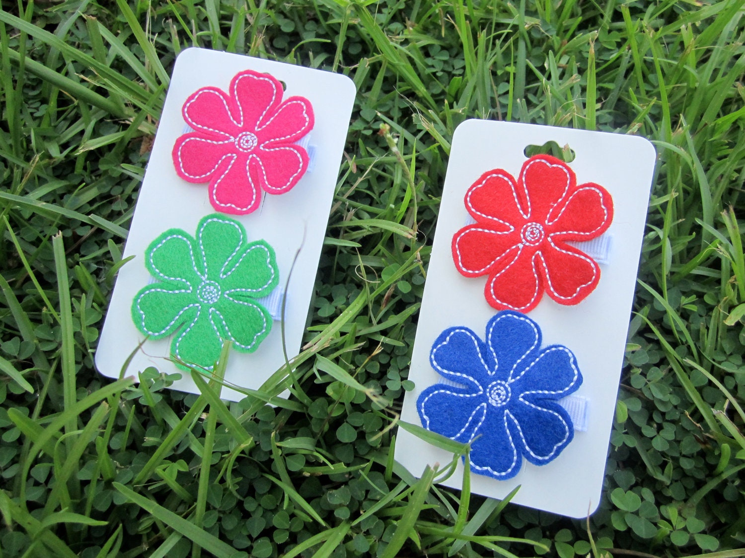 Flower Hair Clip Set: Hot Pink, Red, Royal Blue, and Green
