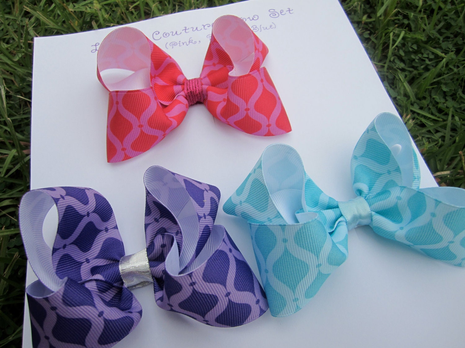Large 4" Couture Boutique Hair Bow Set: Pink & Red, Purple and Blue