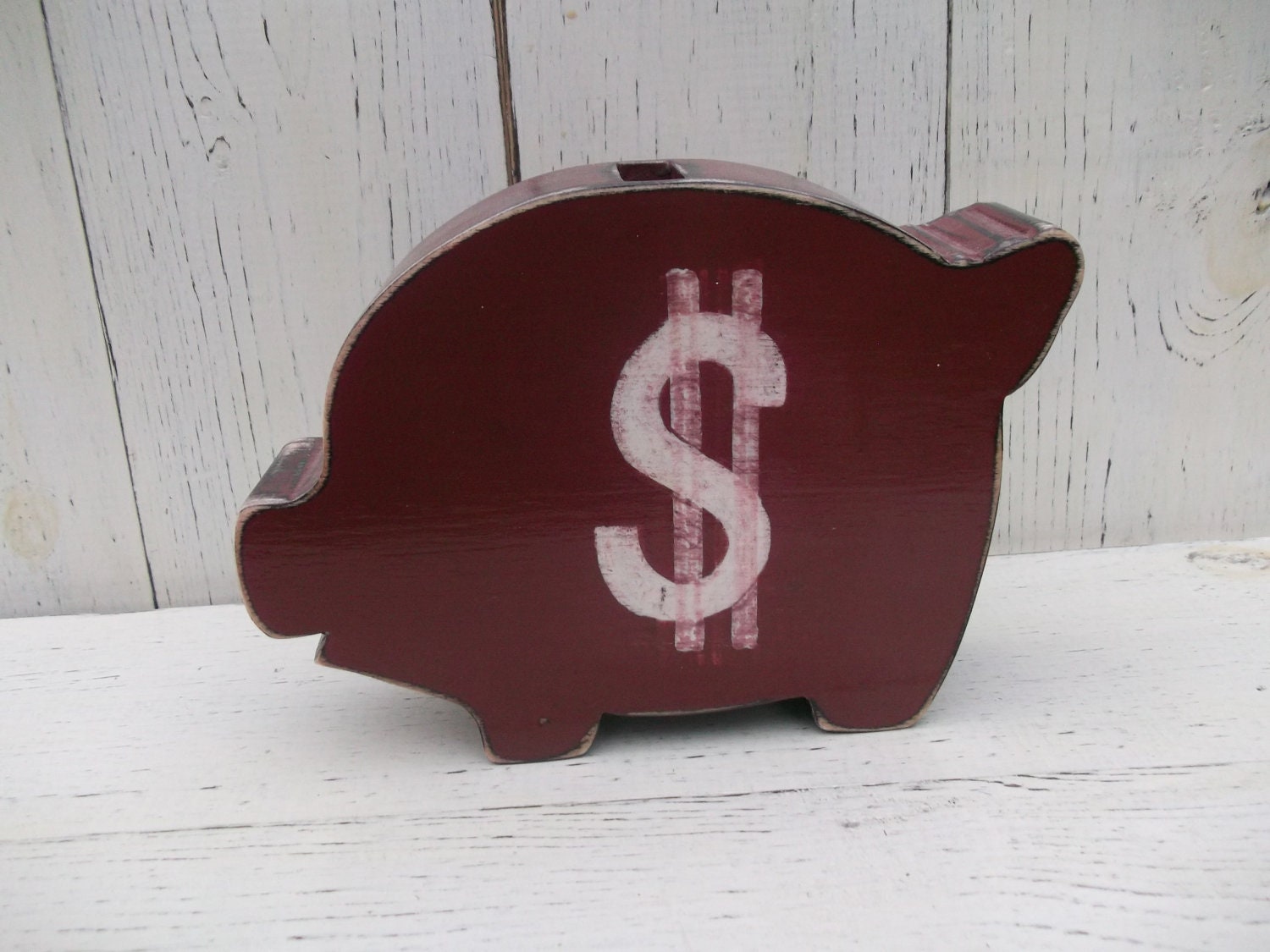 Shabby Chic Piggy Bank, Distressed Paint, Solid wood, Hand Painted