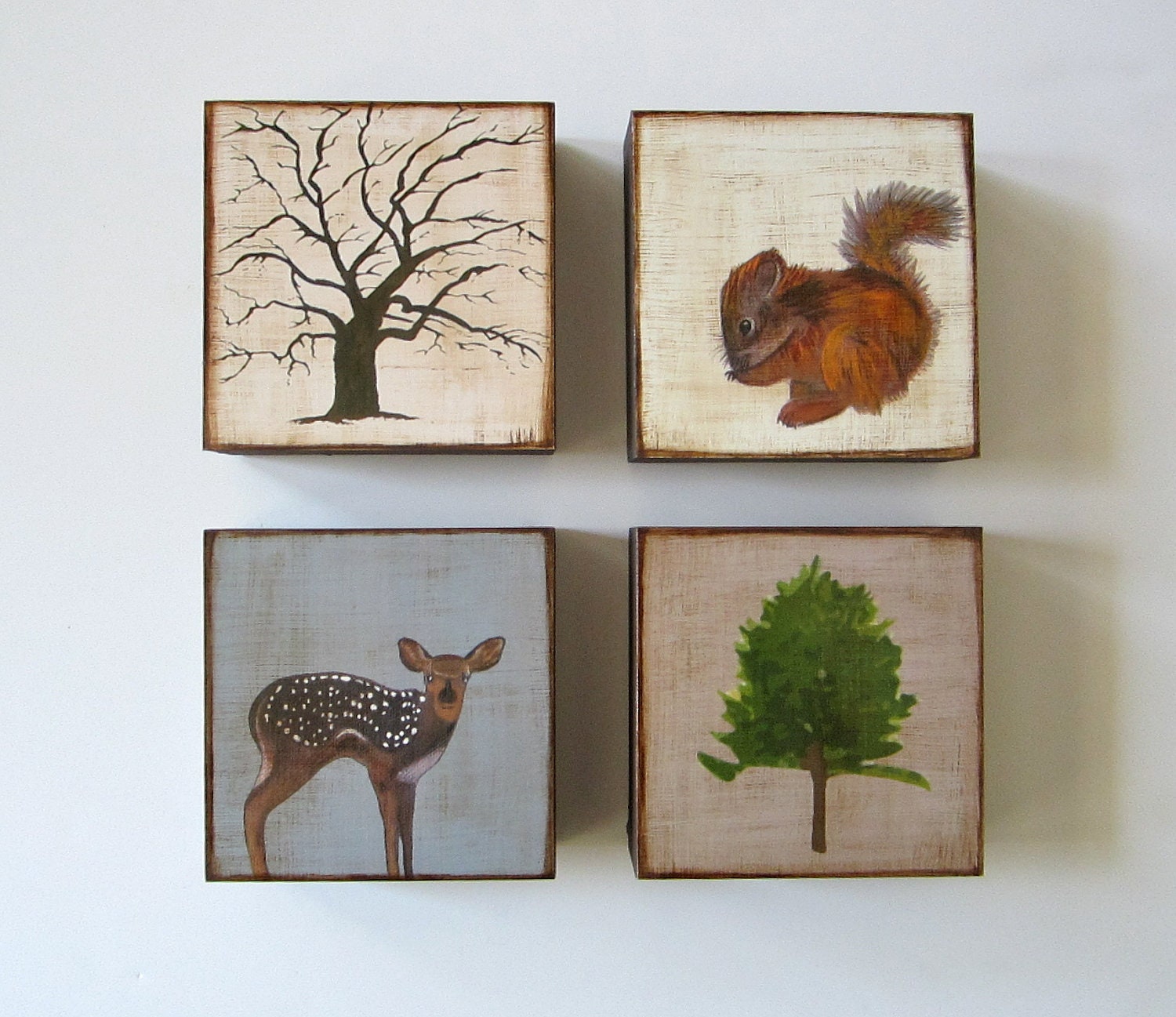 Woodland Art Block Set l Forest Animals Trees (4) 5x5 wood wall decor nature deer redtilestudio