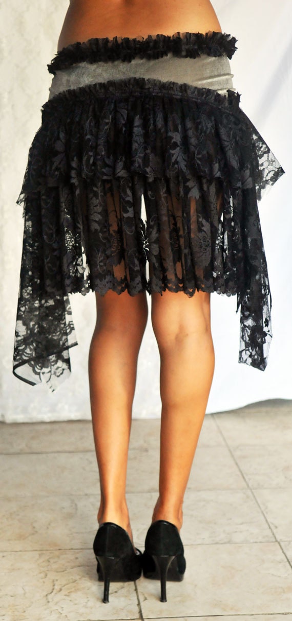 Gypsy Bustle Belt in Silver Grey Velvet and Black Lace
