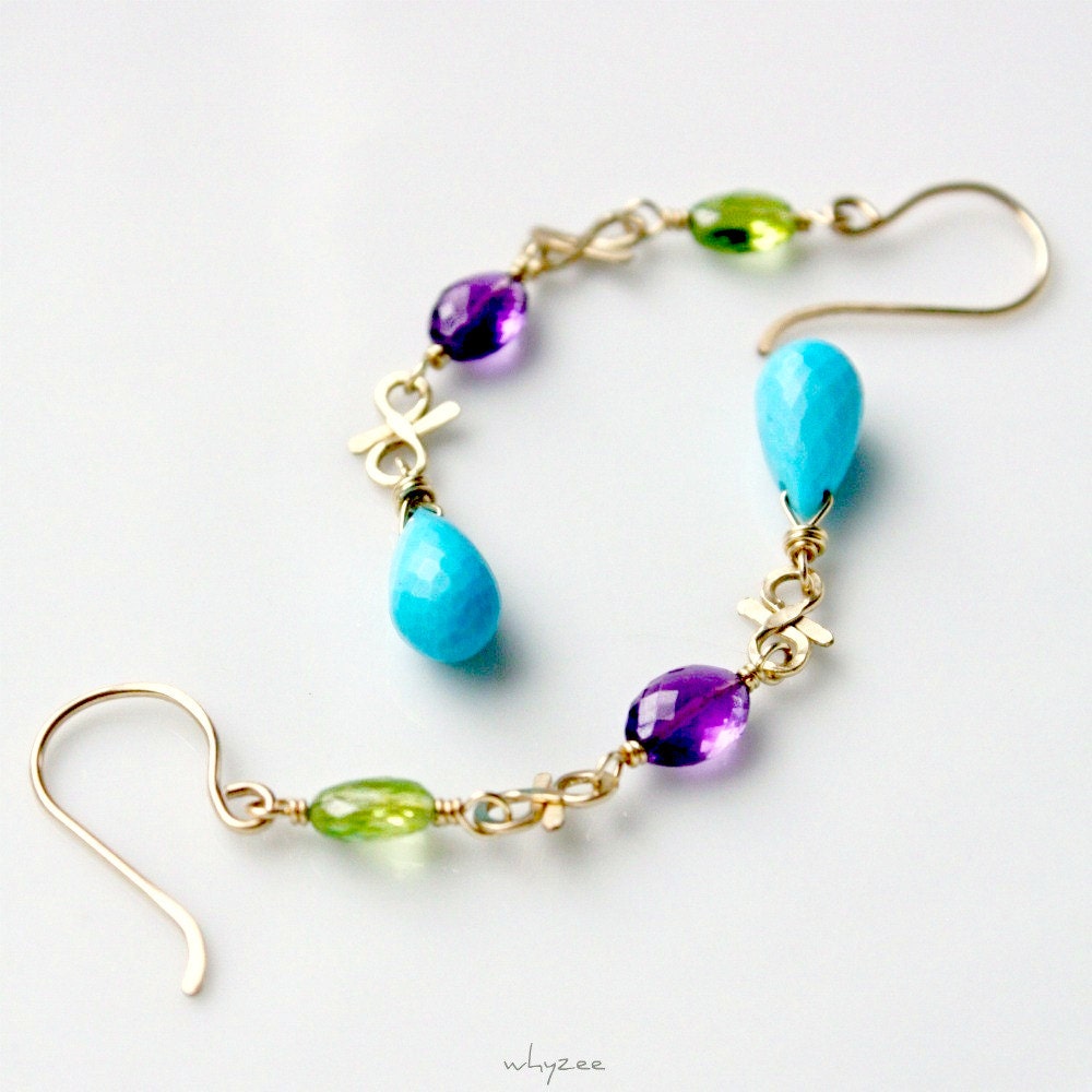 FANTASIA - green peridot purple amethyst turquoise 14K gold filled long earring