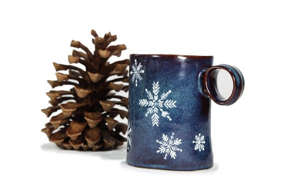 Hand Painted Ceramic Mug Navy Blue Winter Snowflakes Rustic Coffee Mug Minimal Kitchen Decor - SylwiaGlassArt