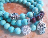 SET of 3 Bracelets: Silver Tierracast Buddha Head, Hamsa Hand Charm pave crystal and turquoise dyed Howlite stretch bracelet Boho