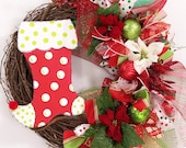 Christmas wreath with cute polka dot stocking deco mesh ribbon whimsical Holiday red 24" door decor decoration hanging