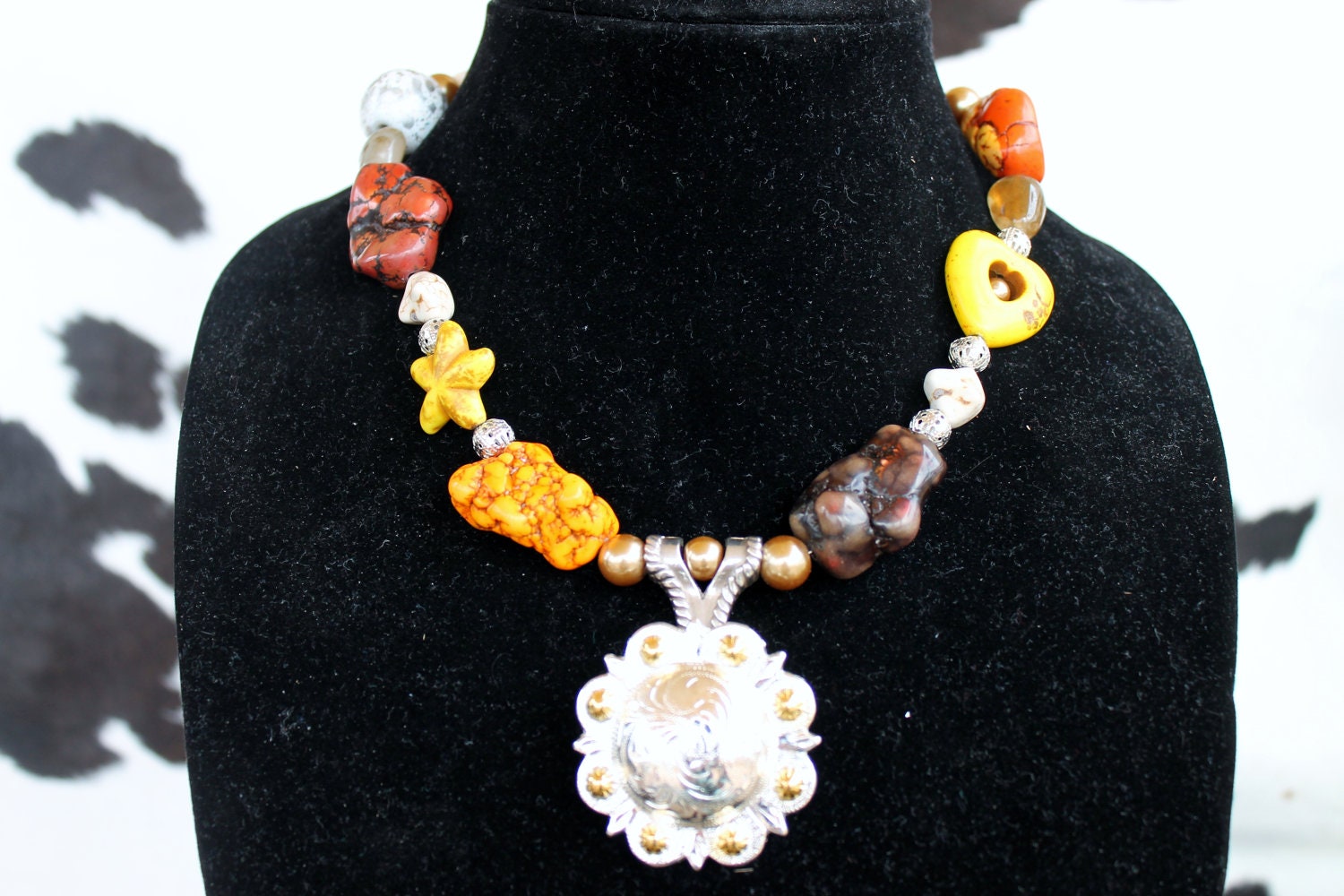 Cowgirl Chunky Concho Necklace- Brown, Yellow, and Orange Turquoise