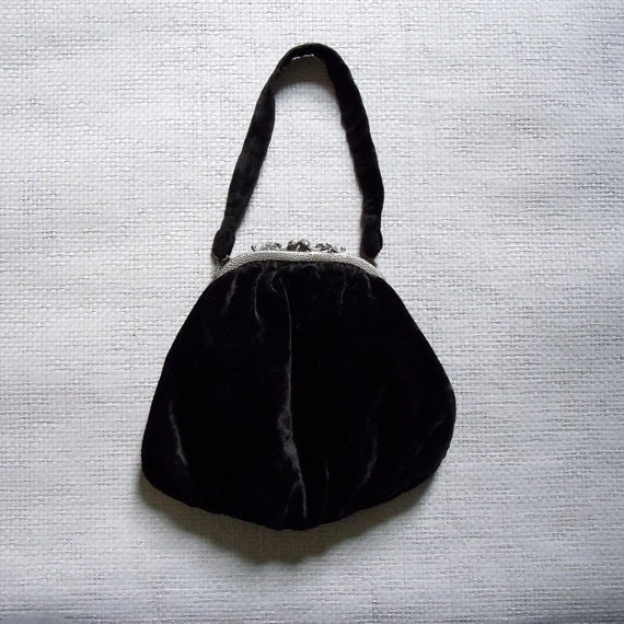 Victorian Velvet Bag/ Silk black velvet Antique handbag, intricate metal details