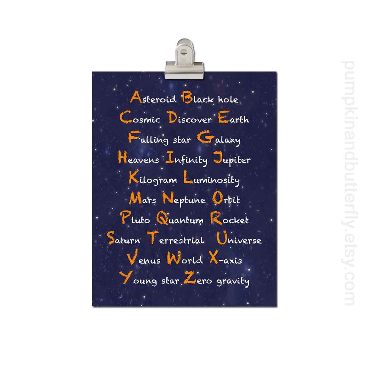 Alphabet Poster - Kids Wall Art , 8x10 print, Personalized, Typography, ABC's Print, Space, Galaxy, Blue, Orange