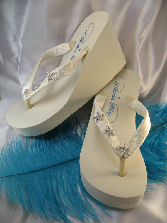 SALE - Ivory Wedge Bridal Flip Flops Ivory Bridal Shoes Rhinestone Starfish Design Beach Wedding Flip Flop Sandals