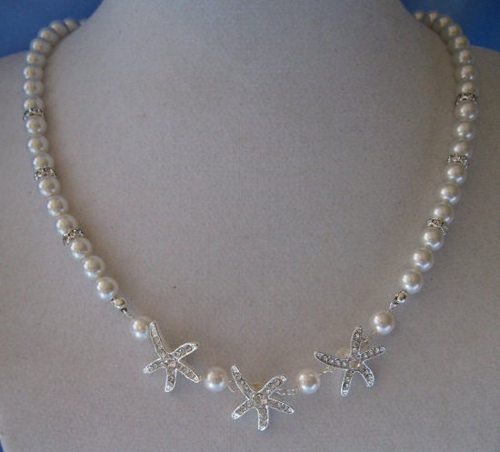 Crystal Starfish Bridal Pearl Necklace with Swarvoski Pearls for Beach Brides and Destination Weddings