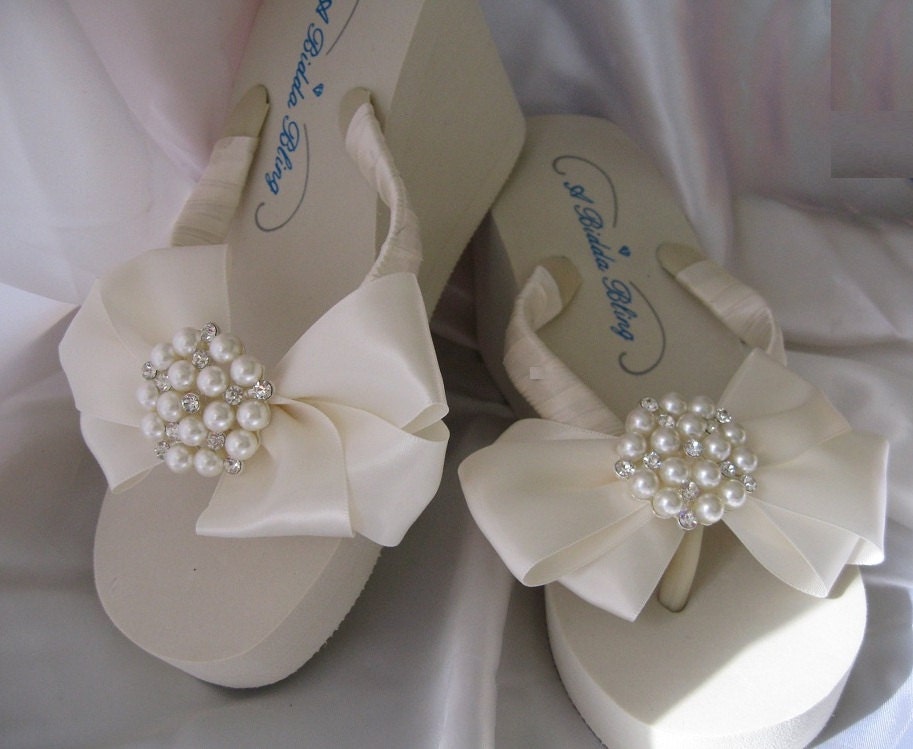 Ivory Flip Flops with Ivory Satin Bow and Pearls and Crystals