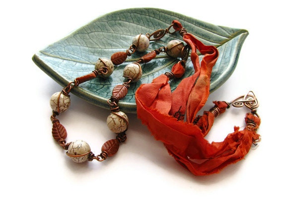 Wire Wrapped Gemstone and Orange Sari Silk Necklace with Goldstone Leaves, Magnesite and Hammered Copper OOAK - Autumn Blaze - heversonart