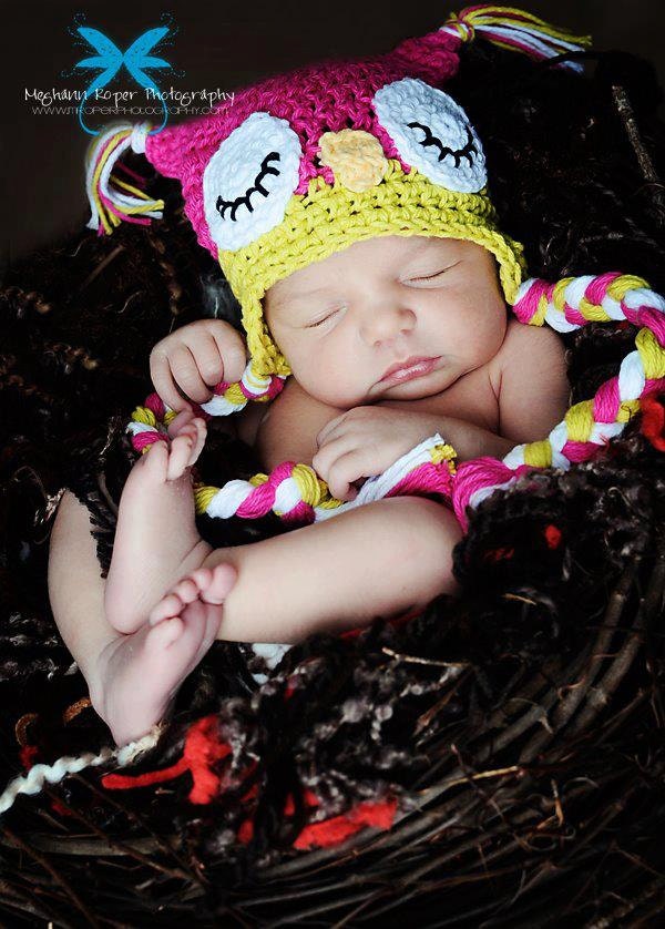 3-6 Months Sleepy Owl Hat and Matching Diaper Cover The Original Hot Pink and Green Set