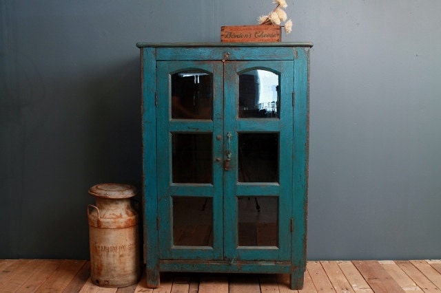 Vintage Handmade Distressed Chippy Jodhpur Blue Indian Glass Storage Cabinet