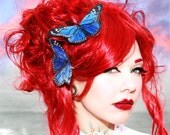 Blue Butterfly hair clips - costume, bride bridal accessory - SET of TWO