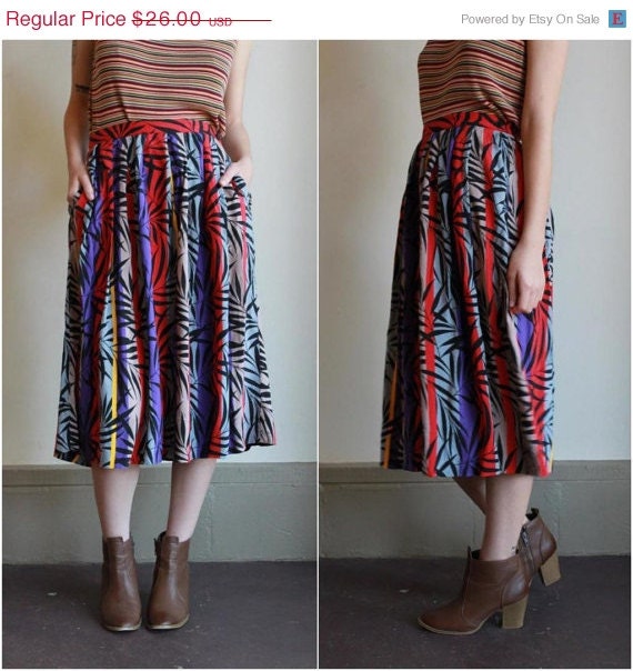 SUMMER SALE 30% OFF High Waisted Skirt   /  Midi Tropical Print Striped Pleated Flirty Skirt  /  Vintage 80s 1980s  /  Medium M