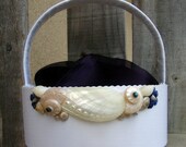Made to Order Custom Beach Wedding Decor- White Oval Satin Flower Girl Basket with Pearl Shells and Jewels- your Choice of Colors