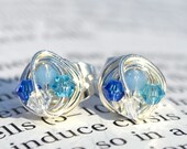 Wire Wrapped NANO Stud Earrings-  shades of blue - light blue to bright blue swarovski crystals on Silver Wire