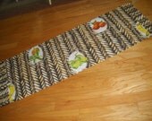 custom made table runner  Tropical print design with fruit cartouches linen cotton blend