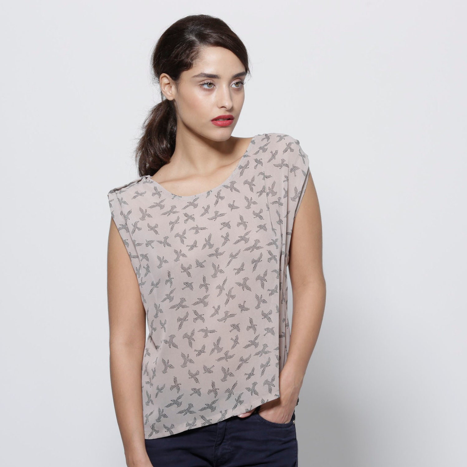 Birds  printed cream shirt, fall fashion for women, offwhite blouse, tank top, print tshirt