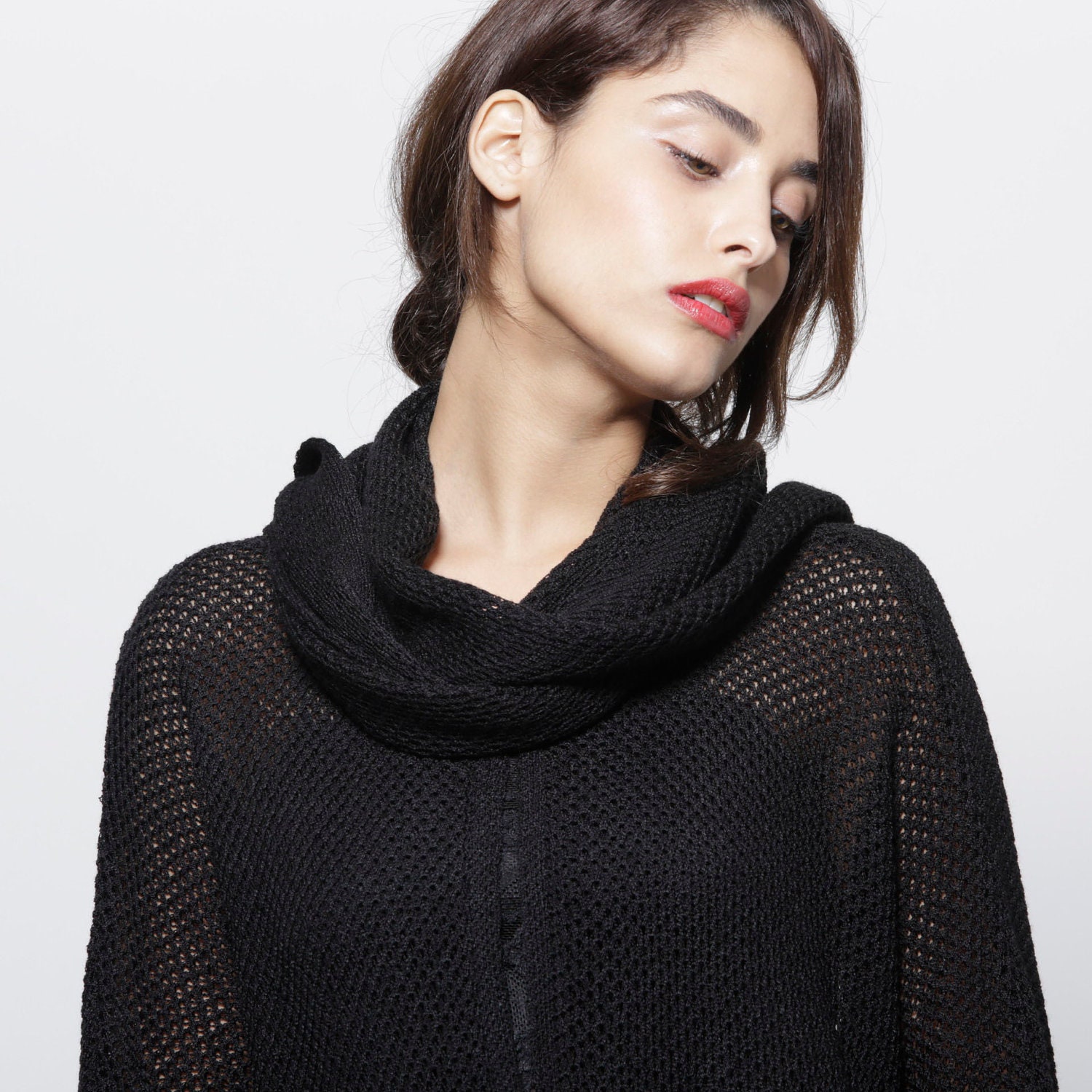 Black lacy sweater with a scarf , knitted women cardigan jacket, winter  fashion  jumper