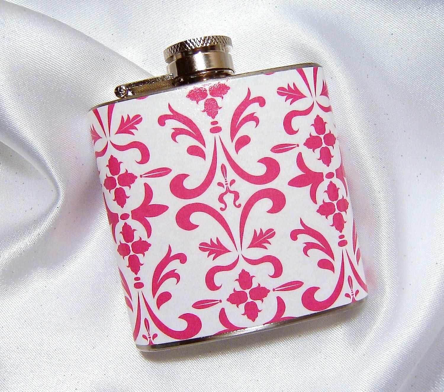3 oz. Womens Hip Flask Hot Pink and White Damask - Tote and Funnel Included - Great Gift Idea